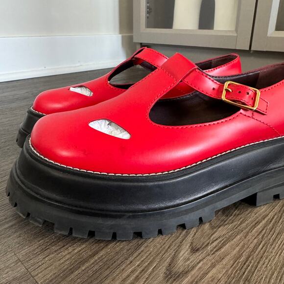 Burberry Aldwych Red Leather T-Bar Platform Flats 37.5 Black Chunky Mary Jane - Picture 4 of 7
